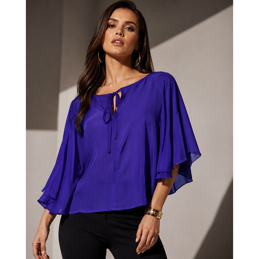 Bebe Purple 100% Silk Cold Shoulder Batwing Blouse Size L Tie Neck Y2K
